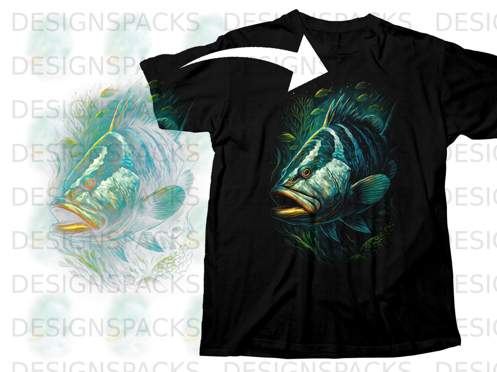 Black t-shirt featuring a close-up watercolor style bass fish with aquatic plants.