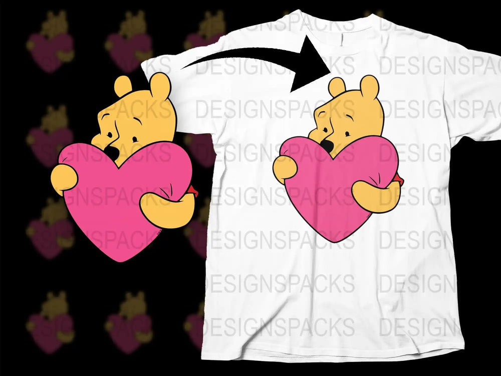 Winnie the Pooh hugging pink heart, print-ready design for t-shirts
