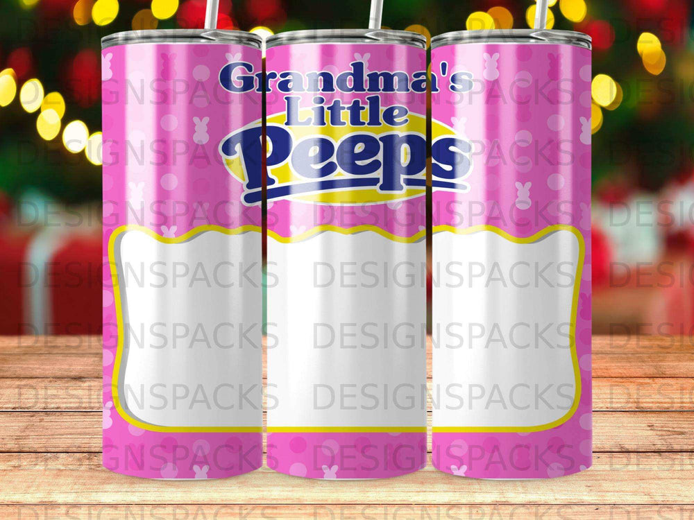 Custom tumbler with "Grandma's Little Peeps" text and colorful speckled design.
