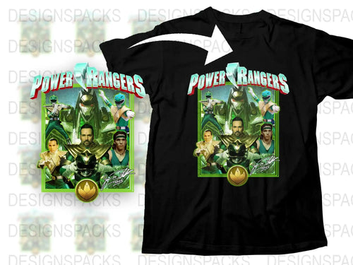 Power Rangers Graphic T-Shirt, Vintage Style Superhero Tee, Unisex Adult Clothing, Black Cotton Shirt