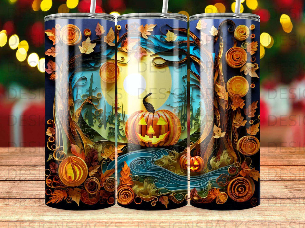 Halloween tumbler with jack-o'-lantern and fall foliage scene.