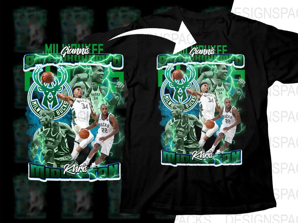 Milwaukee Bucks Giannis and Khris Middleton basketball design on black t-shirt, print-ready PNG