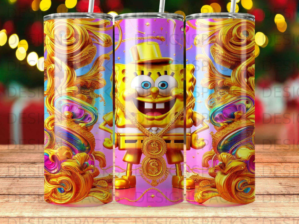 SpongeBob SquarePants wearing gold chains and sunglasses with ornate gold embellishments.