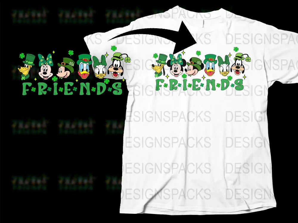 St. Patrick’s Day Disney Friends design with Mickey, Minnie, Donald, Daisy, Goofy, and Pluto in green hats and shamrocks