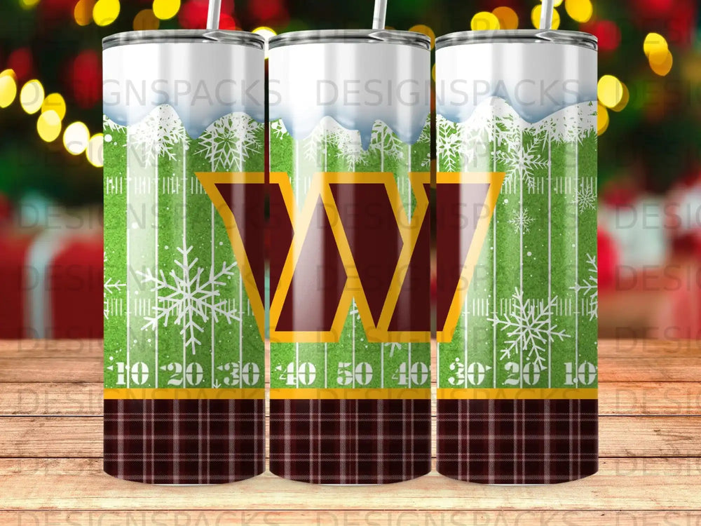 Washington Commanders logo on football field pattern tumbler cup.