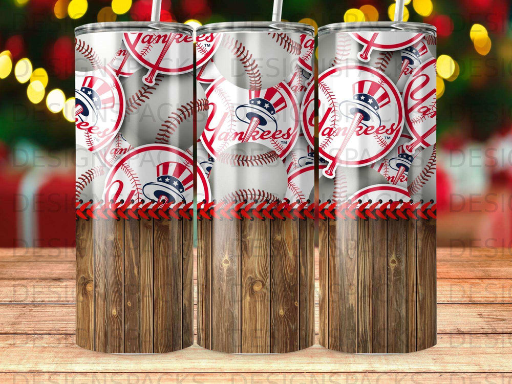 New York Yankees baseball tumbler with wood grain base.