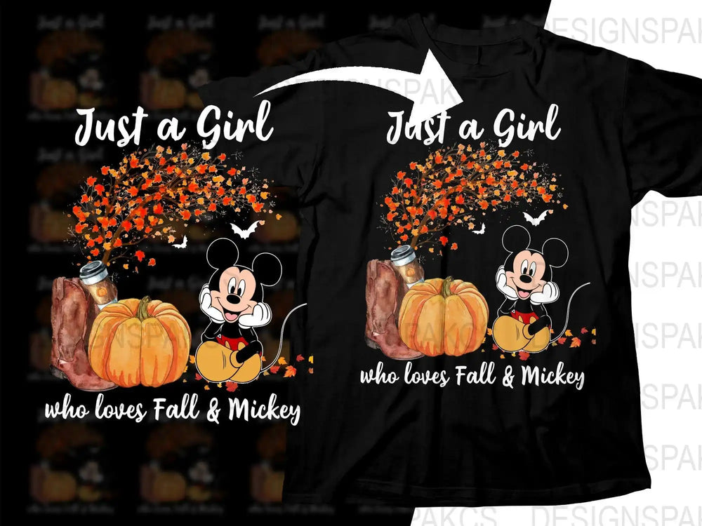 Black t-shirt with Mickey Mouse, pumpkins, fall leaves, and text 'Just a Girl who loves Fall & Mickey'