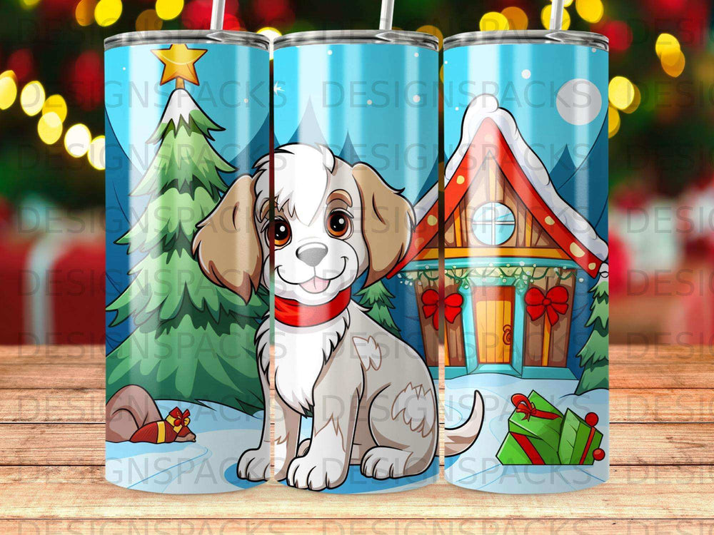 White and brown puppy with red scarf sits by a holiday house.