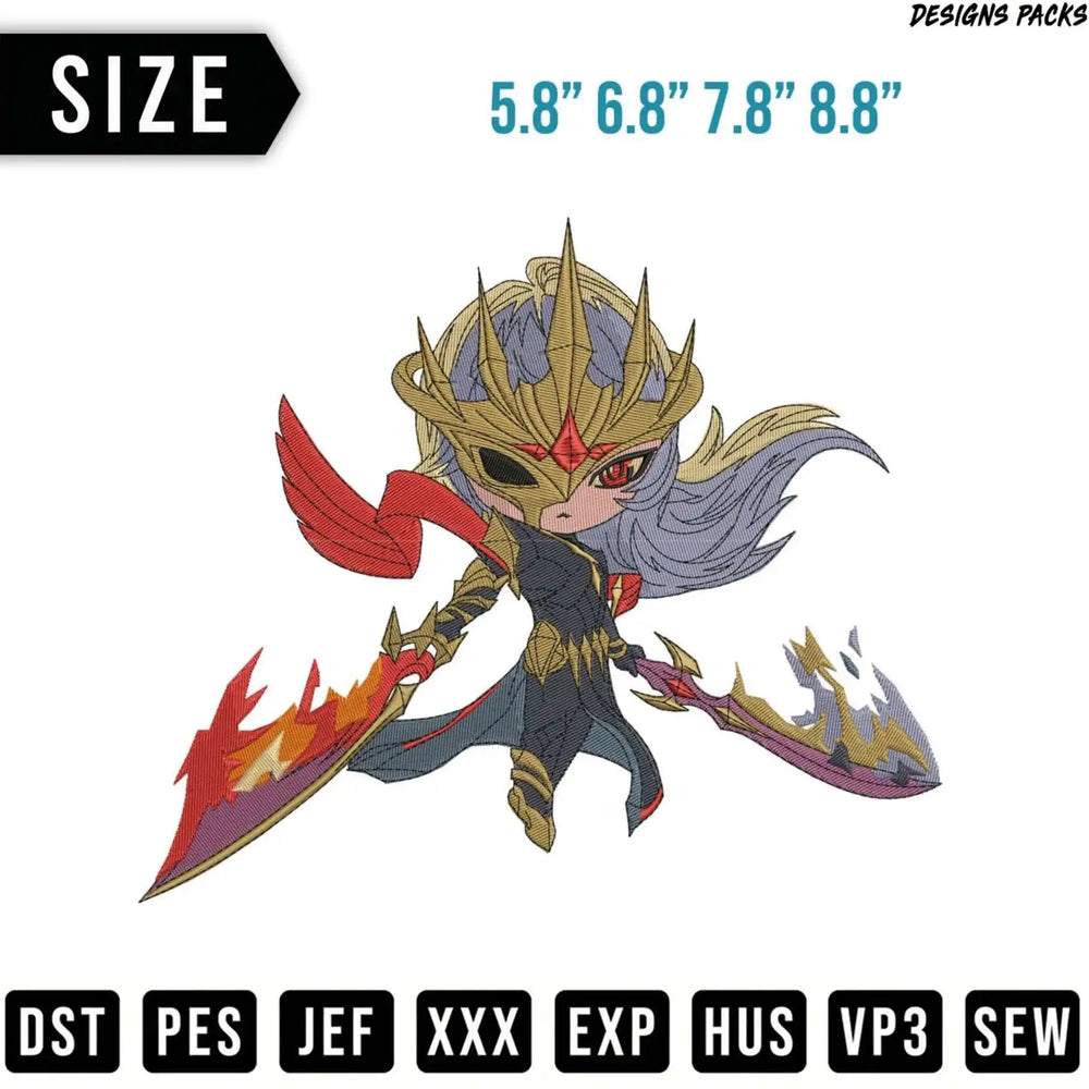 Chibi warrior with swords and wings, sizes 5.8-8.8 inches, embroidery formats listed.