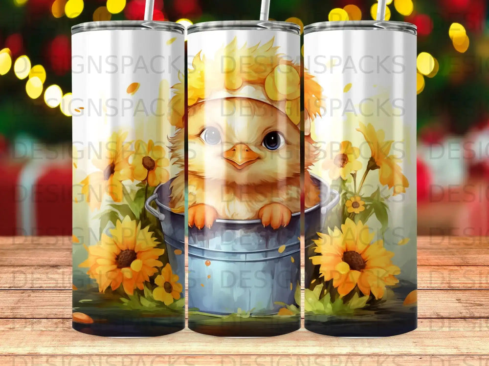 Cartoon chick in bucket surrounded by sunflowers, watercolor style.