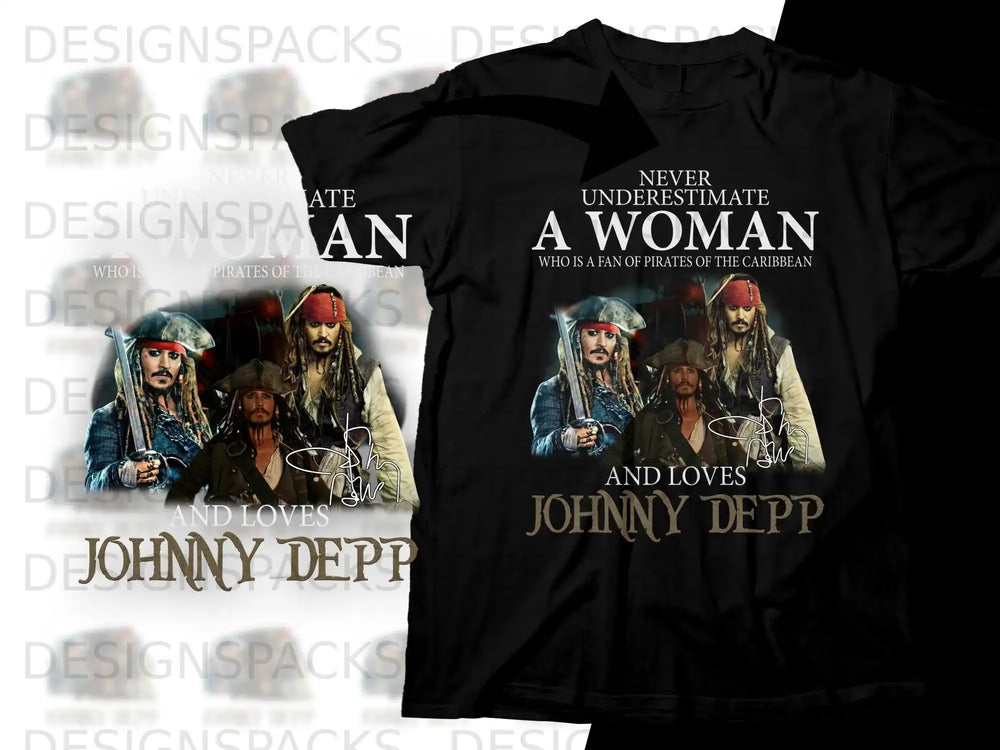 Black t-shirt with Johnny Depp and Pirates of the Caribbean graphic.
