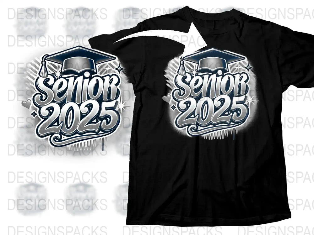 Senior 2025 graduation design on black t-shirt, print-ready PNG for DTF/DTG, embroidery & SVG