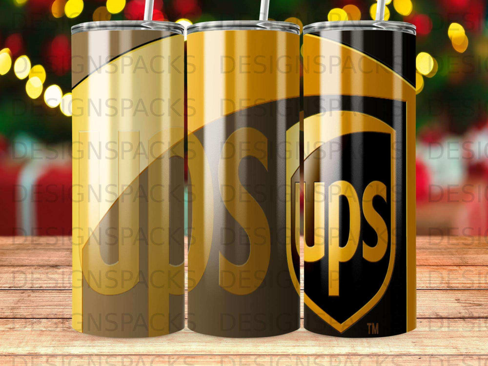 Brown and gold UPS logo on a tumbler, with "DESIGNSPACKS" watermarks.