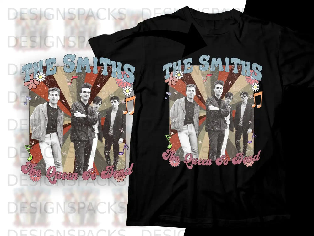 The Smiths "The Queen Is Dead" album art on black t-shirts.