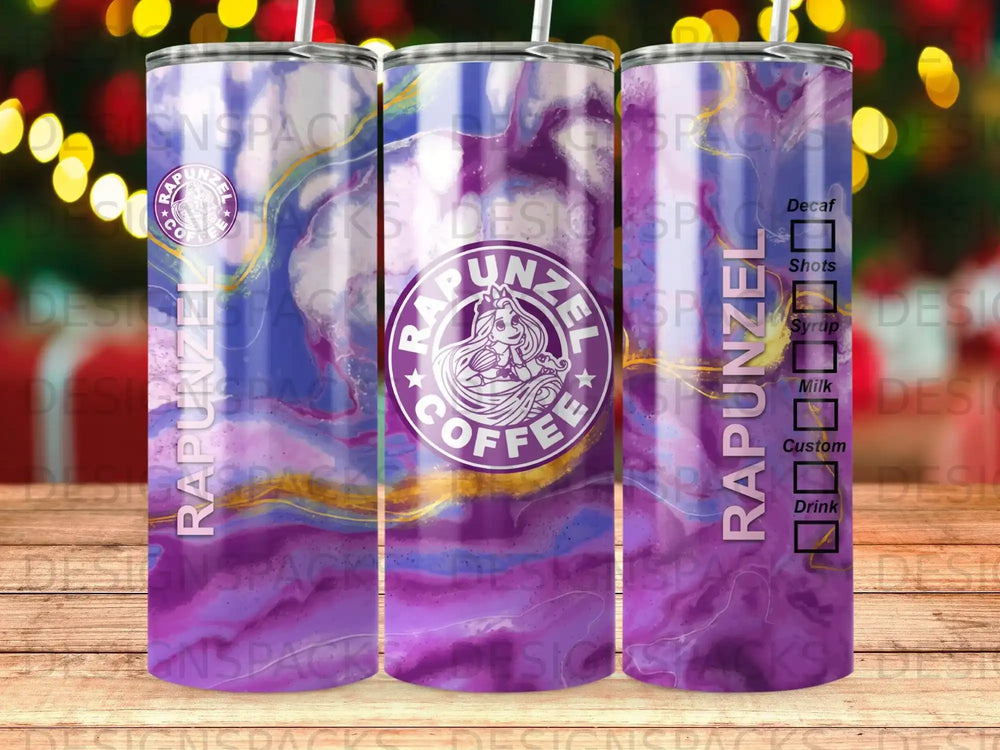 Rapunzel coffee tumbler with purple marble design and coffee drink options.