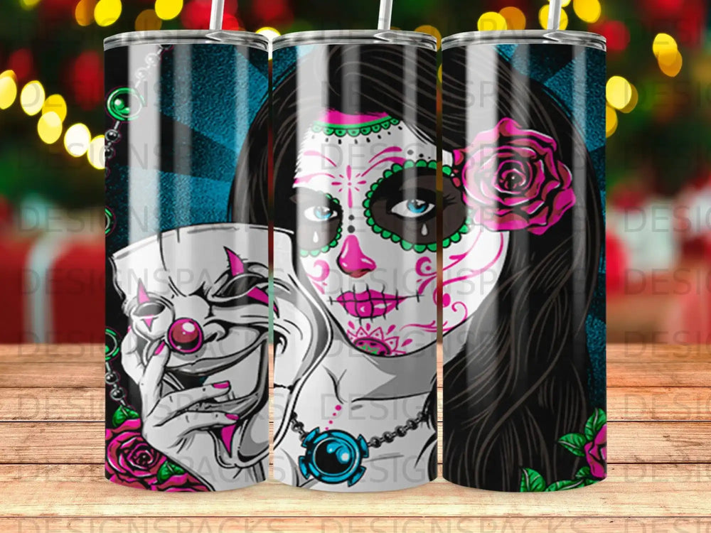 Day of the Dead woman with mask and pink roses, digital art.