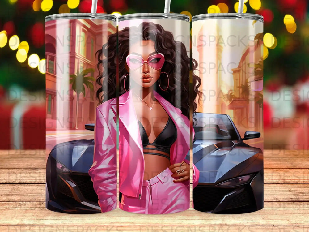 Woman in pink suit and sunglasses posing with a sleek black car.