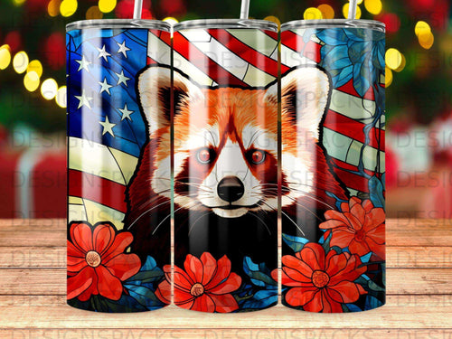 Red panda face with American flag and red flowers.