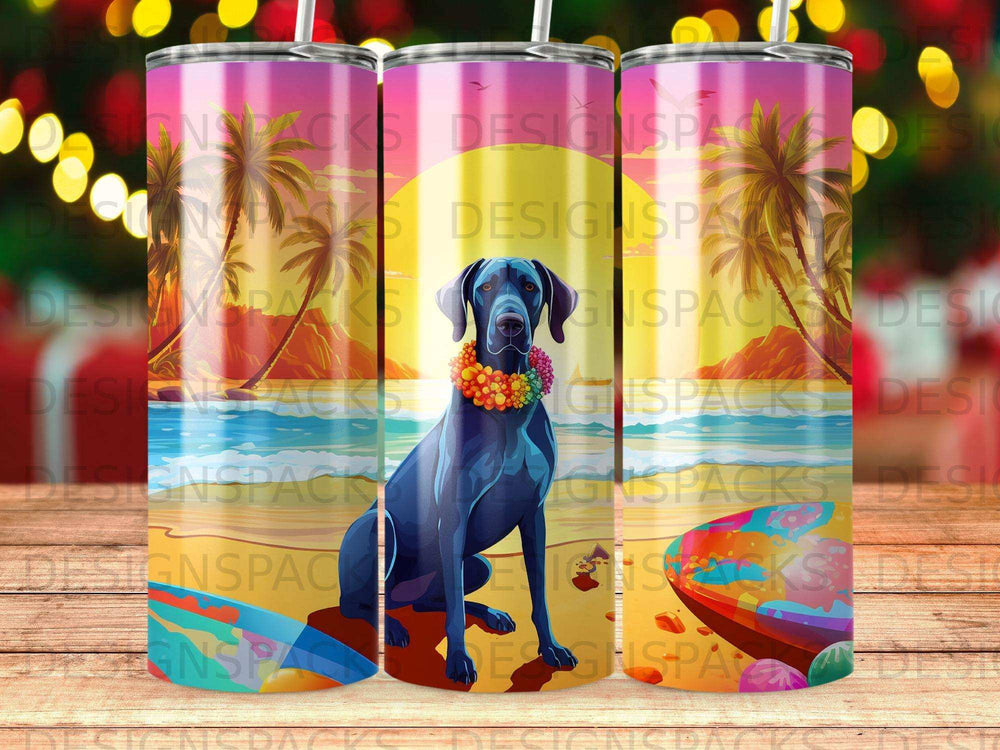 Black dog with lei on beach, tropical sunset background, multiple tumblers shown.