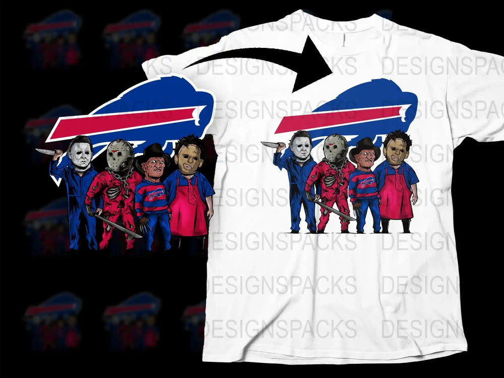 Buffalo Bills horror movie characters t-shirt design, print-ready PNG for DTF DTG