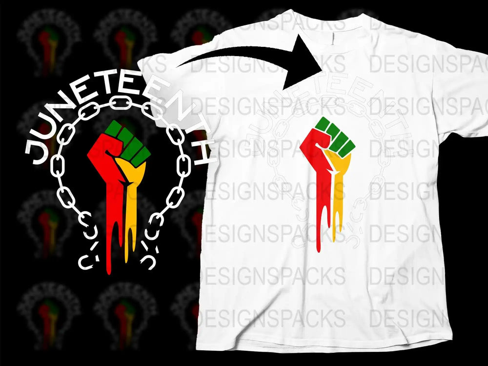 Juneteenth design with raised fist in red, yellow, green, and broken chains on white t-shirt