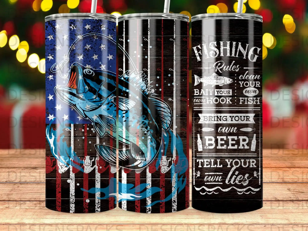Rustic tumbler with American flag and bass, featuring fishing rules text.