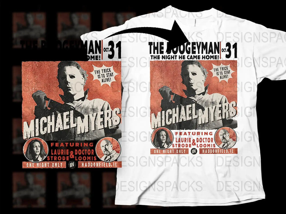 Michael Myers Halloween T-Shirt Design with 'The Boogeyman' Text and Movie Poster Art