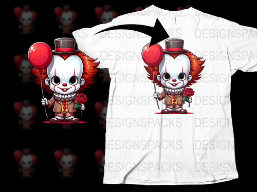 Cute clown with red balloon and rose, printed on white t-shirt, ideal for DTF/DTG designs