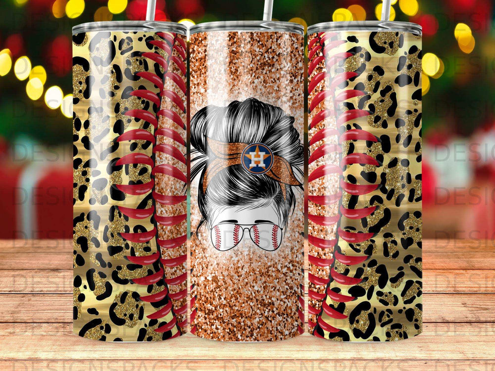 Tumbler with leopard print, baseball, and messy bun graphic.