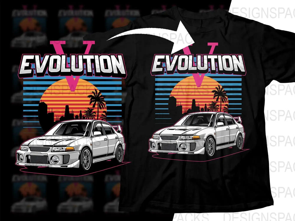 Retro Evolution car design on black t-shirt with sunset and palm trees