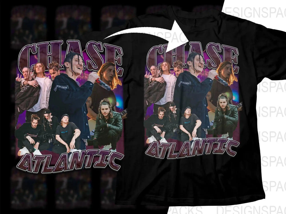 Chase Atlantic band print on black t-shirt, vibrant purple design, music group collage