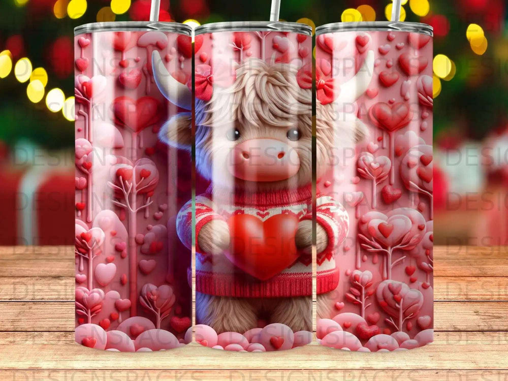 Fluffy cow holding red heart, surrounded by pink hearts and trees.