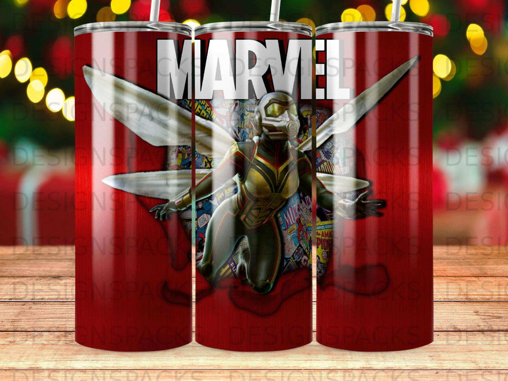 The Wasp superhero from Marvel Comics on a red, patterned tumbler.