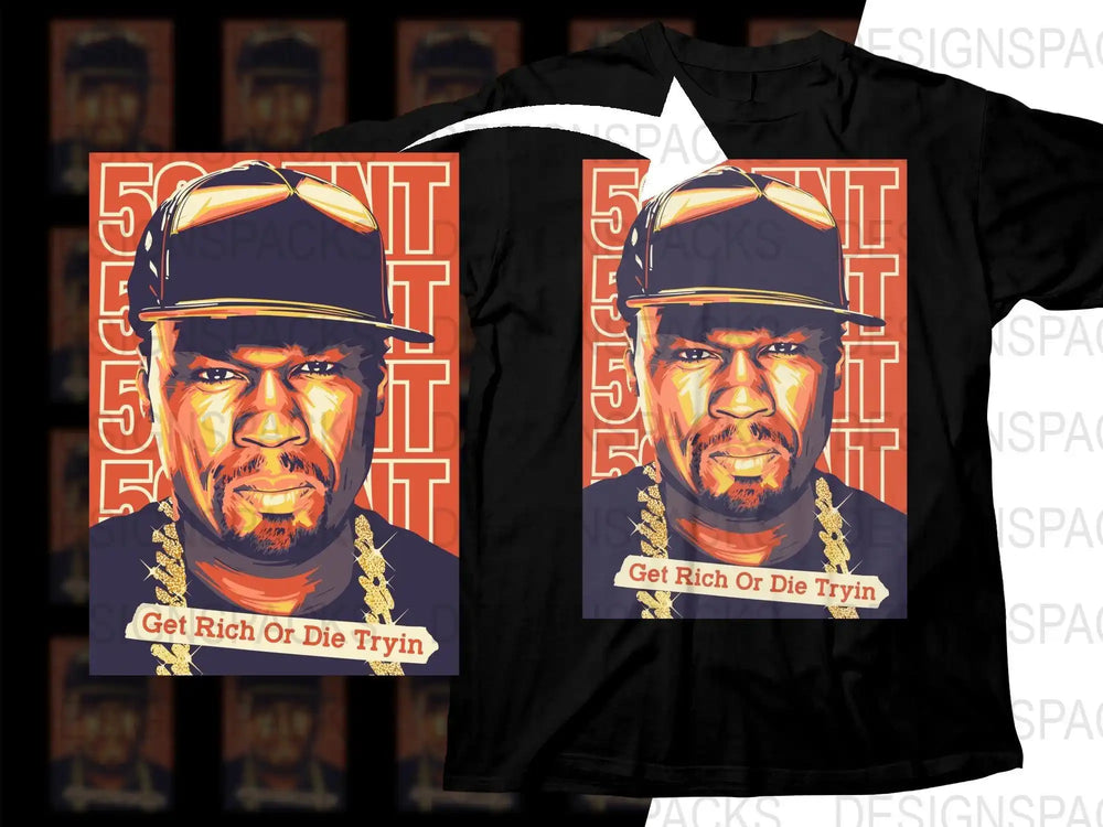 50 Cent 'Get Rich Or Die Tryin' t-shirt design with bold graphic and gold chains