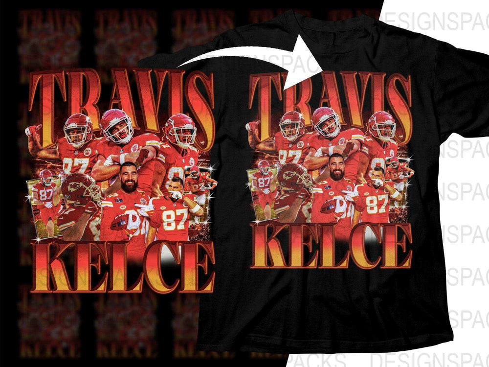 Travis Kelce football player design on black t-shirt, print-ready for DTF/DTG