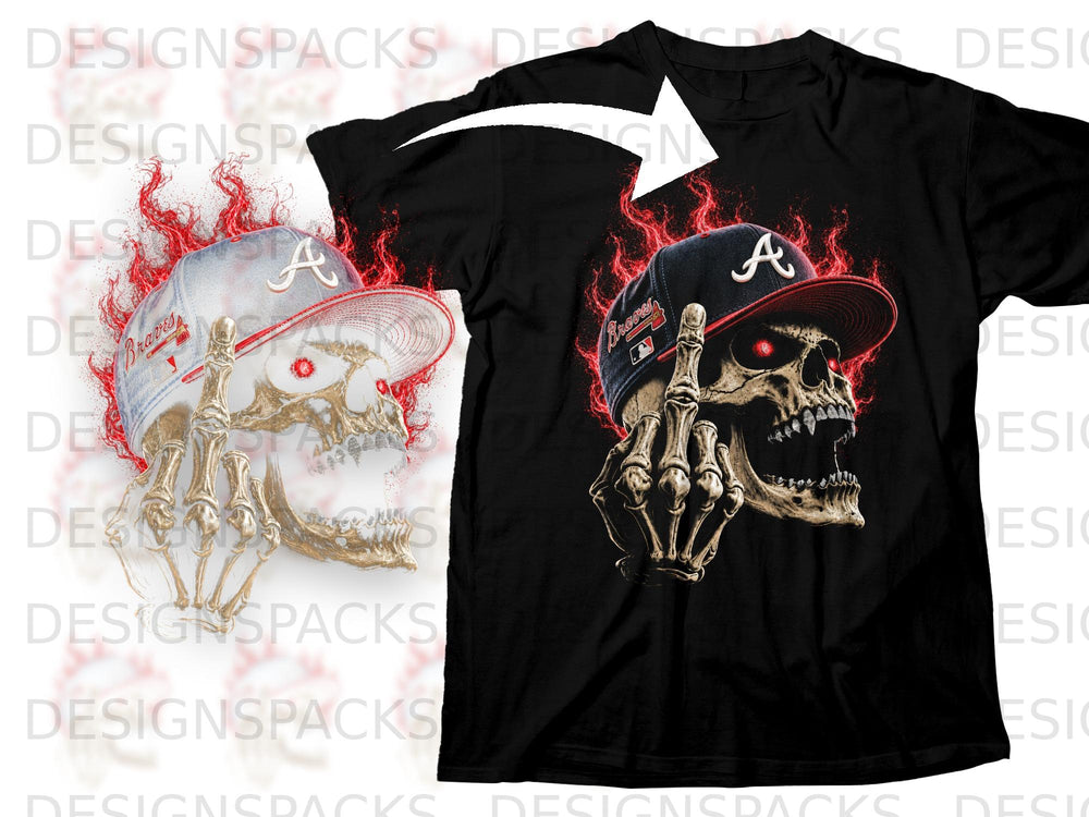 Black t-shirt with skull, red flames, and Braves hat with 'A' logo.