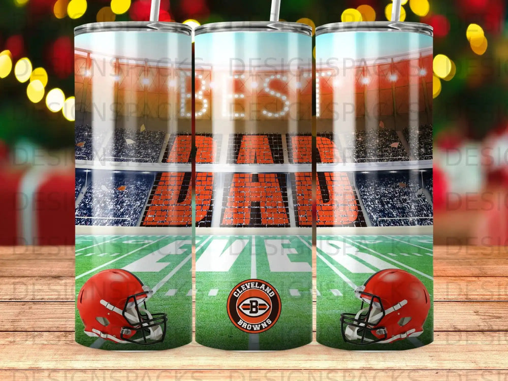 Cleveland Browns stadium with football helmets on either side.