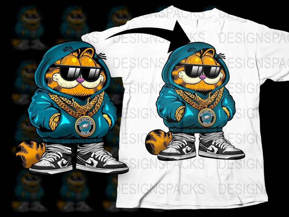 Garfield in hoodie and sunglasses with Philadelphia Eagles logo, printed on white t-shirt