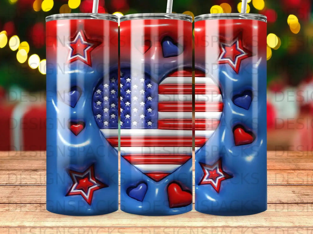 Tumbler with American flag heart design, red, white, and blue stars and hearts.