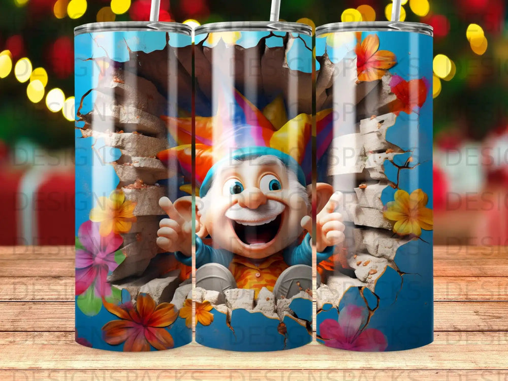 Cartoon gnome peeking through cracked wall with colorful flowers and party hat.