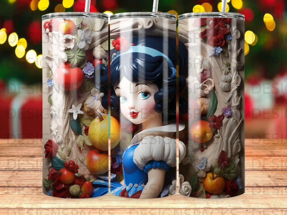 Snow White surrounded by apples, flowers, and sculpted details on a tumbler.
