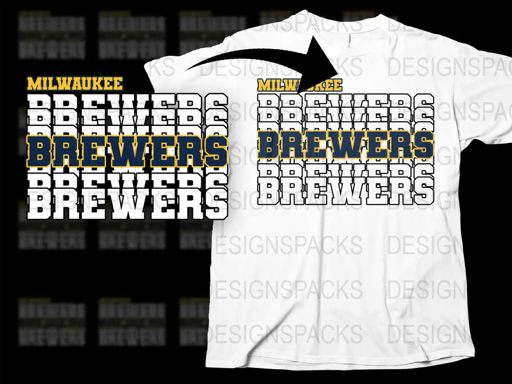 Milwaukee Brewers t-shirt design with bold layered text, ideal for DTF/DTG printing