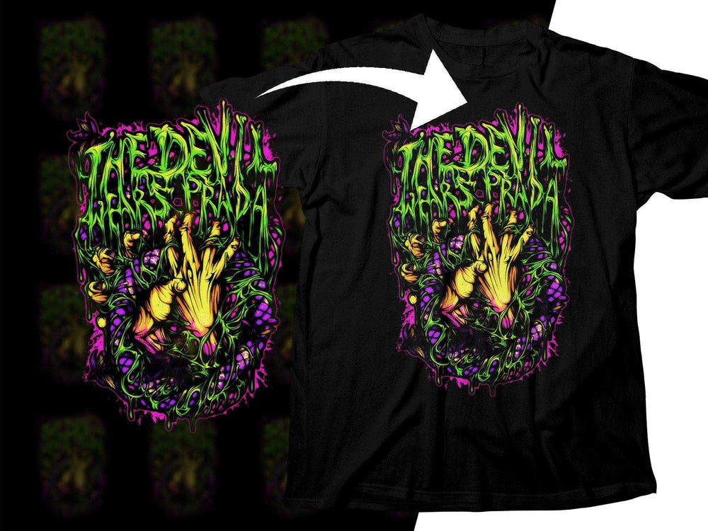 Vibrant neon green and purple horror design on black t-shirt, print-ready for DTG or DTF