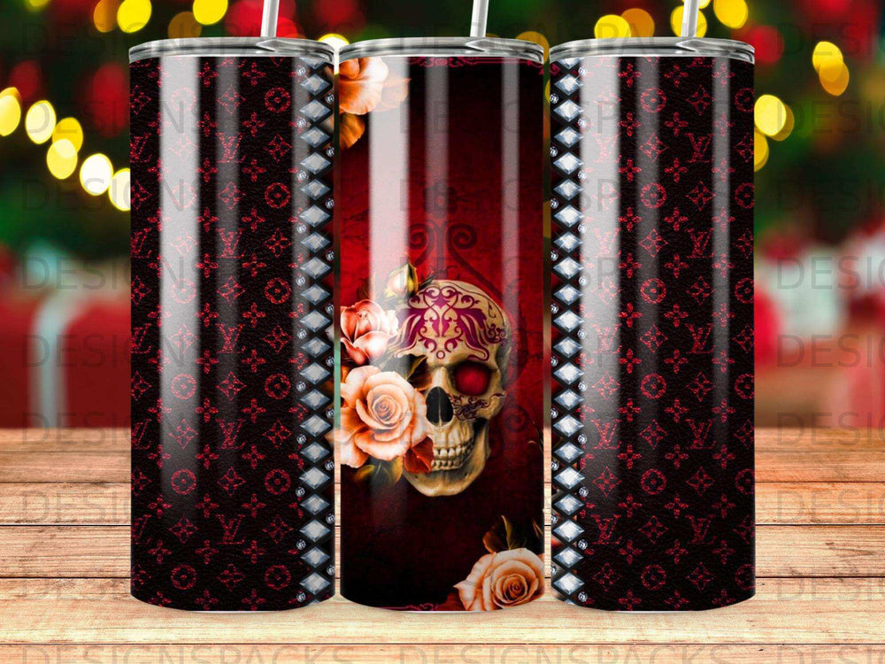 Red and black patterned tumbler with skull and roses design.