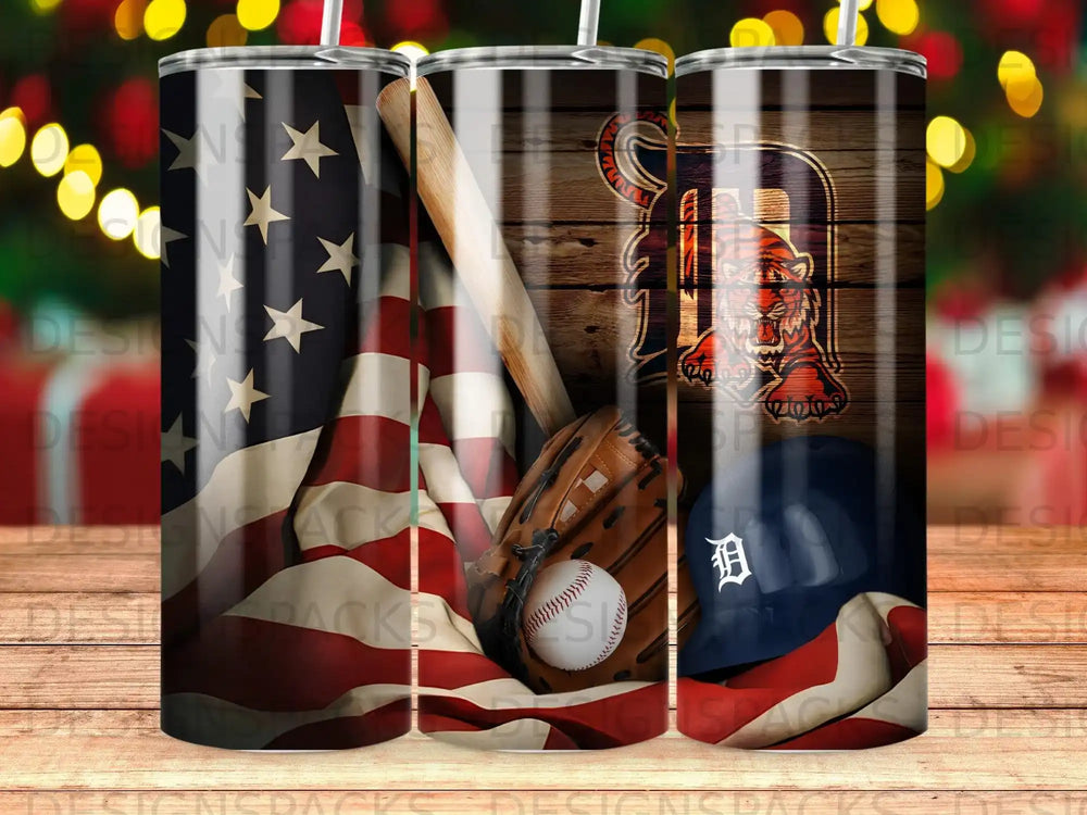Baseball glove, cap, and American flag with Detroit Tigers logo.
