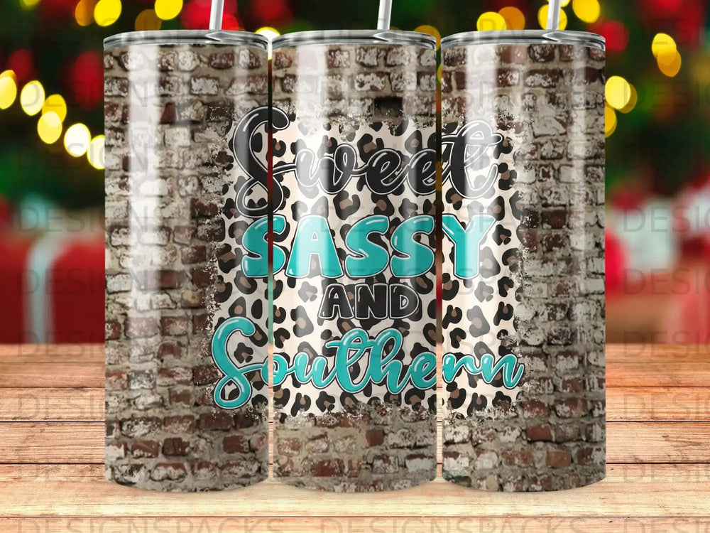 Tumbler with "Sweet Sassy and Southern" text on brick and leopard print background.