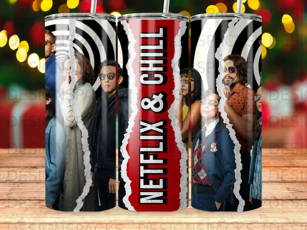 The Umbrella Academy characters against a black and white striped background.