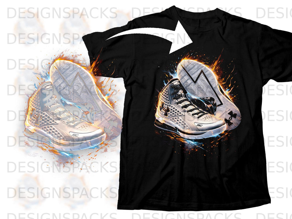 Black t-shirt with a graphic of a white and grey basketball shoe with flames.