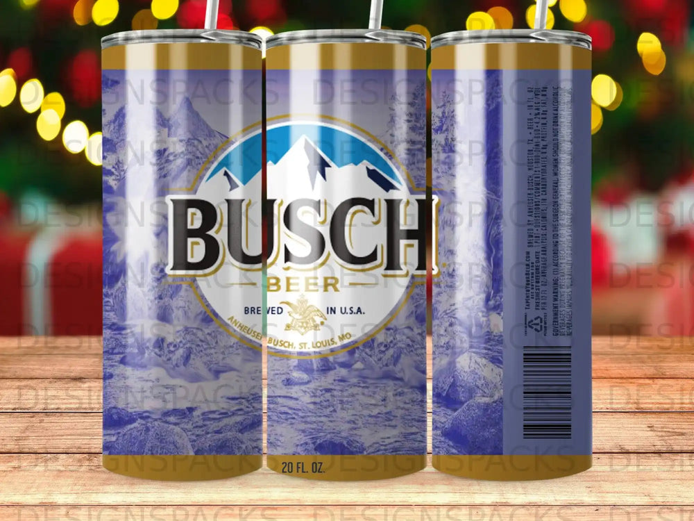 Busch Beer logo on a blue and purple patterned tumbler with mountains.
