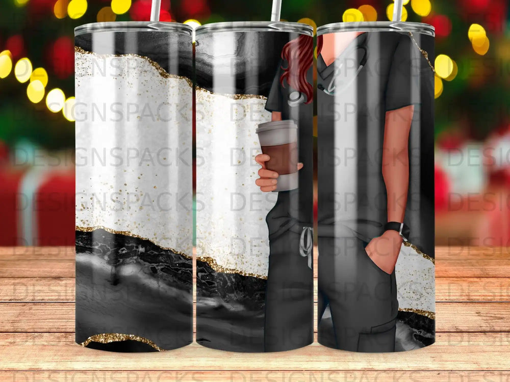 Two nurses in scrubs holding coffee cups, with a marble and gold design.